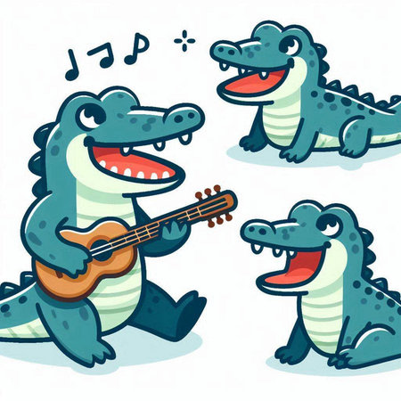 Crocodile cartoon vector illustration. Cute crocodile playing guitar.のイラスト素材