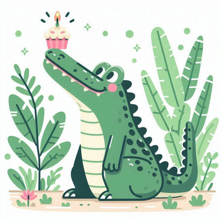 Cute crocodile with cake in the garden. Vector illustration.のイラスト素材