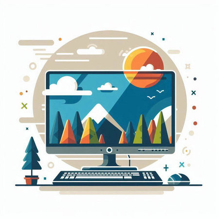 Computer screen with nature landscape. Vector illustration in flat design style.のイラスト素材