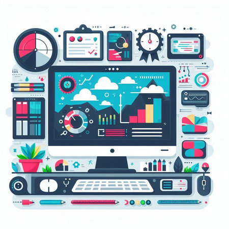 Flat design modern vector illustration concept of big data analytic, cloud computing and analytics.のイラスト素材