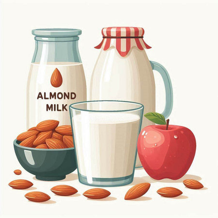Almond milk in a glass and a jar of milk with nuts. Vector illustration.のイラスト素材
