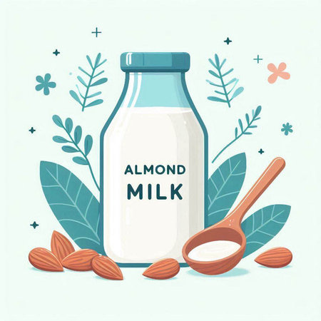 Almond milk in a glass bottle and nuts. Vector illustration.のイラスト素材
