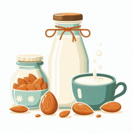 Almond milk in a glass bottle with nuts. Vector illustration.のイラスト素材
