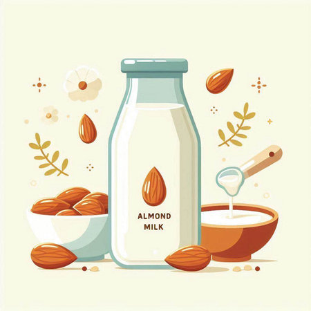 Almond milk in a glass bottle with almond nuts. Vector illustration.のイラスト素材