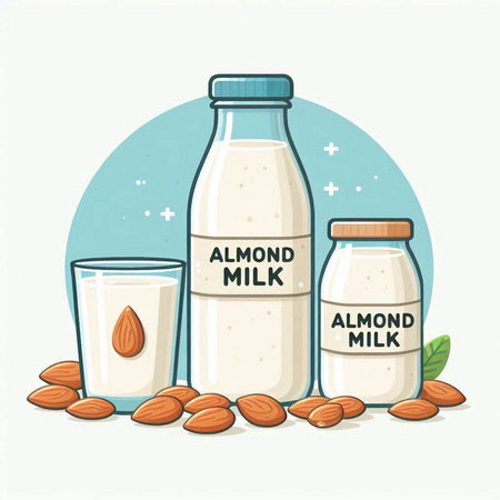 Almond milk in bottle and glass with almonds. Vector illustration.のイラスト素材