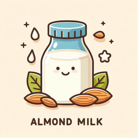 Almond milk. Vector illustration of a bottle of almond milk.のイラスト素材