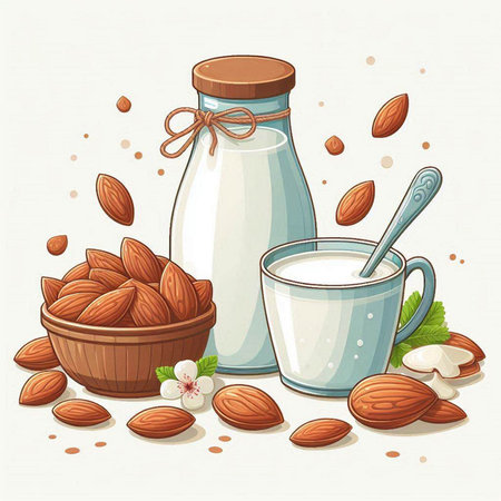Almond milk in a bottle and bowl with almonds. Vector illustration.のイラスト素材