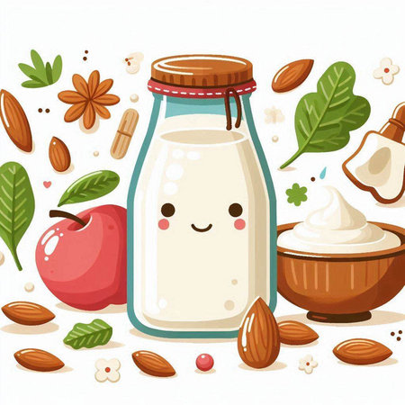 Milk in a bottle with nuts and fruits. Vector illustration.のイラスト素材
