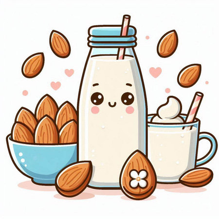 Cute almond milk in a bottle and bowl. Vector illustration.のイラスト素材