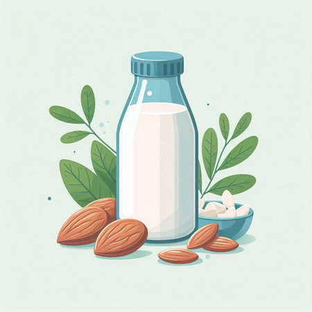 Almond milk in a bottle with almonds and leaves. Vector illustration.のイラスト素材