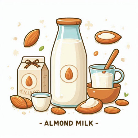 Almond milk in a bottle and a glass. Vector illustration.のイラスト素材