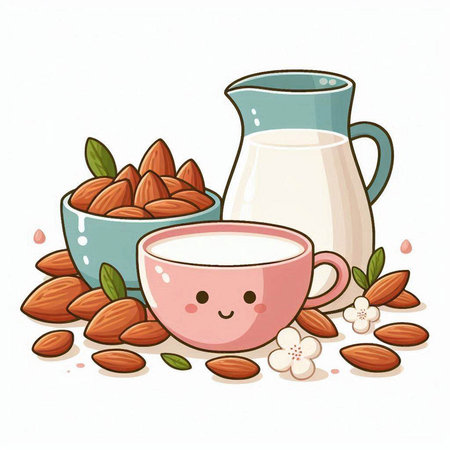 Vector illustration of a cup of milk and a bowl with almonds.のイラスト素材