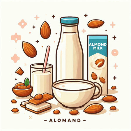 Almond milk in a bottle with a glass of milk and almonds. Vector illustration.のイラスト素材