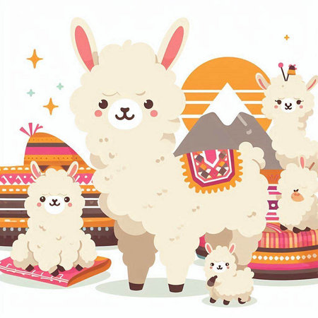Cute alpaca and llama family. Vector illustration.のイラスト素材