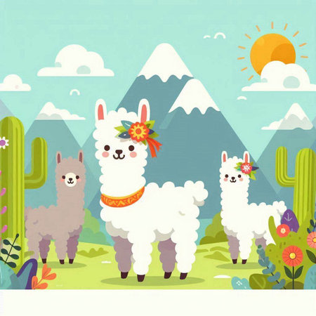 Llama and alpaca in the meadow. Vector illustrationのイラスト素材
