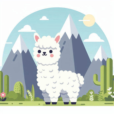 Cute alpaca in the meadow. Vector illustration.のイラスト素材