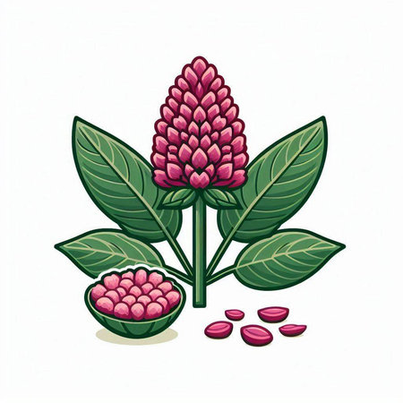 Illustration of a pink flower with green leaves on a white backgroundのイラスト素材