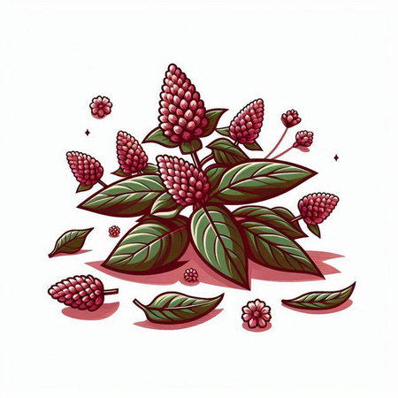 Illustration of red berry with green leaves on white background.のイラスト素材