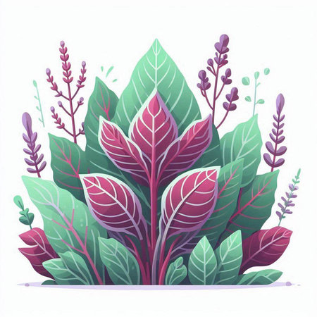 Beautiful vector illustration of green leaves and purple flowers on white backgroundのイラスト素材