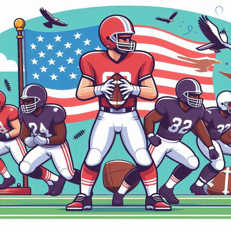 American football player on the background of the American flag. Vector illustrationのイラスト素材