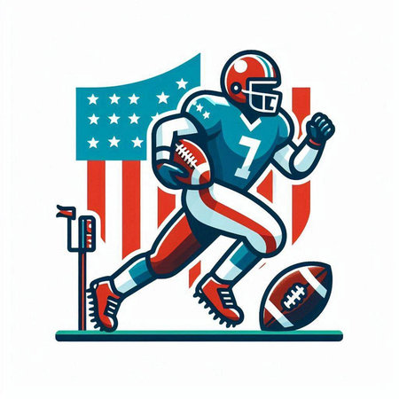 American football player running with ball and helmet on american flag background, vector illustrationのイラスト素材