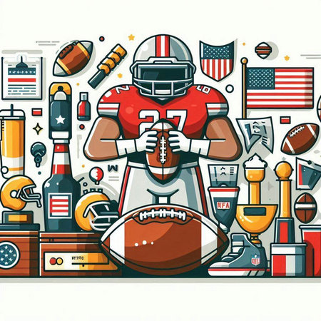 American football player on the background of american symbols. Vector illustrationのイラスト素材