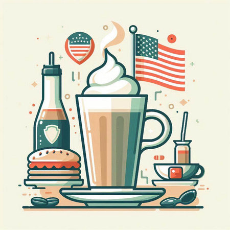 Cup of coffee with american flag and food. Vector illustration.のイラスト素材