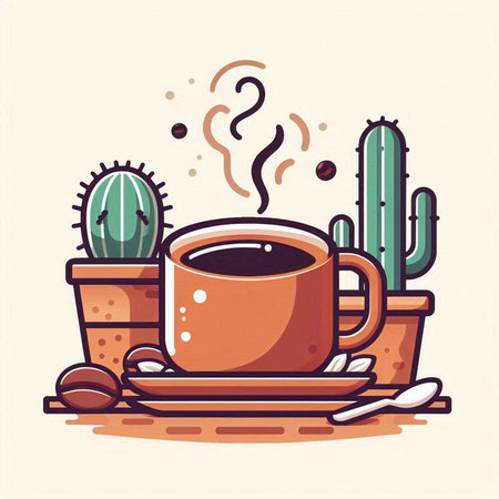 Coffee cup and cactus in a pot. Vector illustration.のイラスト素材
