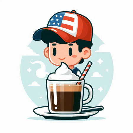 Illustration of a Cute Boy Wearing a Cap and Drinking Coffeeのイラスト素材