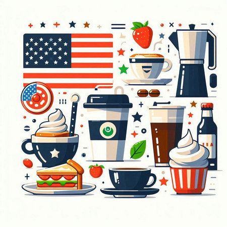 Coffee and desserts. American symbols. Vector illustration in flat styleのイラスト素材