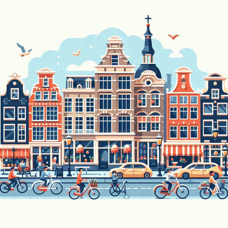 Amsterdam Netherlands cityscape with old houses, bicycles and people. Vector illustration.のイラスト素材