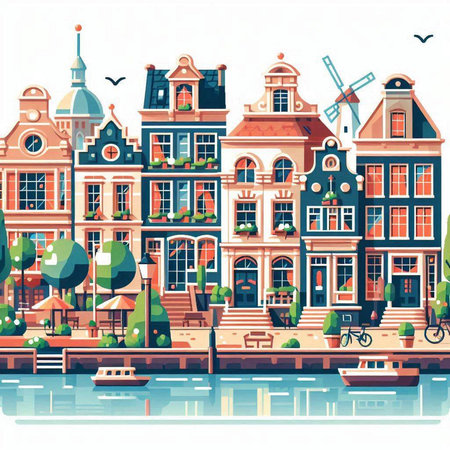 Amsterdam cityscape. Vector illustration in flat style. Can be used for banner, poster, web design.のイラスト素材