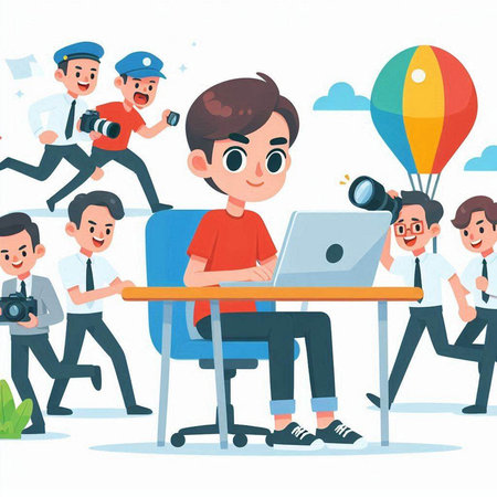 Cartoon illustration of a photographer working in the office with his teamのイラスト素材