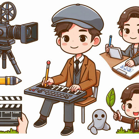 Illustration of a Teenage Boy Studying in Front of a Video Cameraのイラスト素材