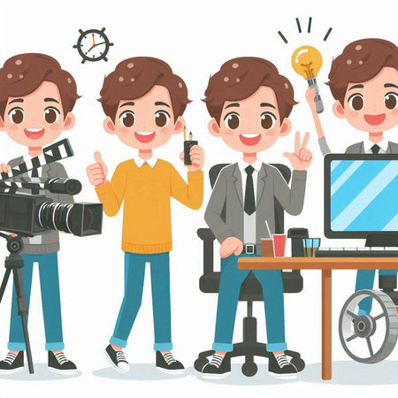 Cameraman and cameraman with video camera. Vector illustration.のイラスト素材