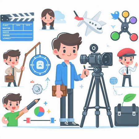 Cartoon Character Photographer with Camera and Equipment. Vector Illustration.のイラスト素材