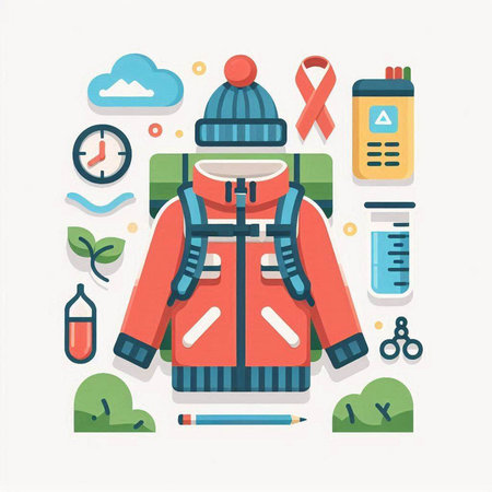 Vector illustration of red winter jacket with cap, backpack, thermometer, bottle of water and stopwatch. Flat style design for web, site, advertising, banner, poster, board, print.のイラスト素材