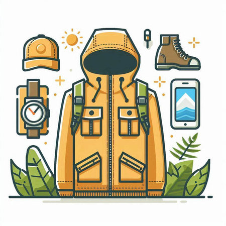 Camping vector illustration in flat line style. Outfit for hiking. Hiking equipment.のイラスト素材
