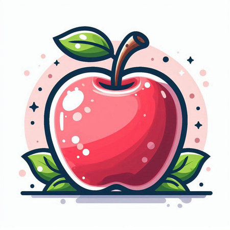 Red apple with leaves on white background. Vector illustration in cartoon style.のイラスト素材