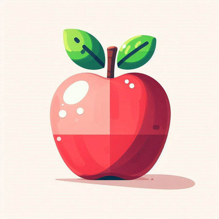 Red apple with green leaves on a light background. Vector illustration.のイラスト素材
