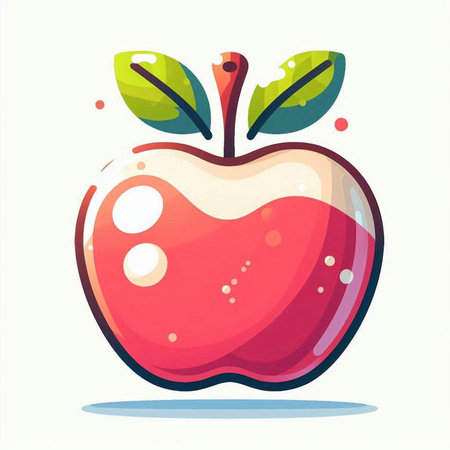 Red apple with green leaves on a white background. Vector illustration.のイラスト素材