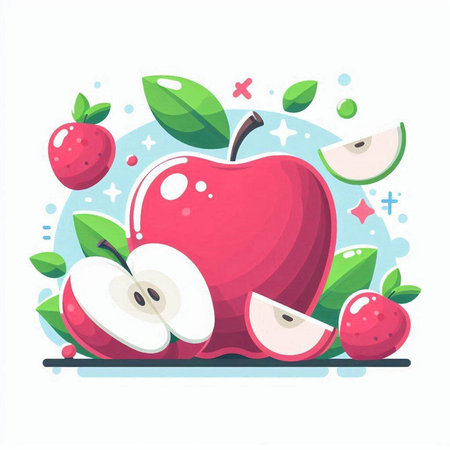 Red apple with slices and leaves on white background. Vector illustration.のイラスト素材