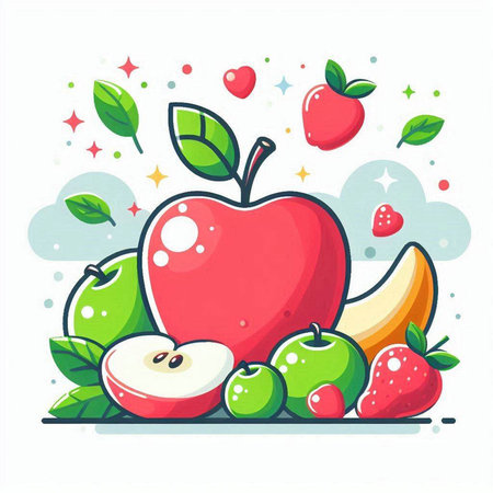 Fruit vector illustration. Apple, banana, strawberry, pear, apple, apple, apple.のイラスト素材