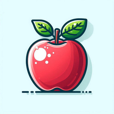 Red apple with green leaves isolated on blue background. Vector illustration.のイラスト素材