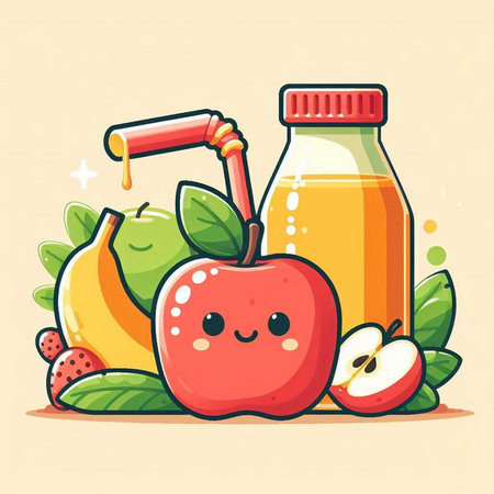 Cartoon vector illustration of fresh juice with apple, banana and strawberryのイラスト素材
