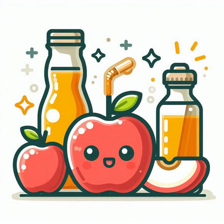 Apple juice in a bottle and fresh apples on white background. Vector illustration.のイラスト素材