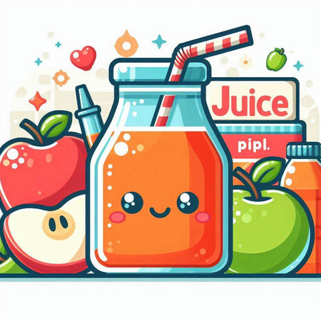 Cartoon vector illustration of fresh juice in a glass bottle with smiling face.のイラスト素材