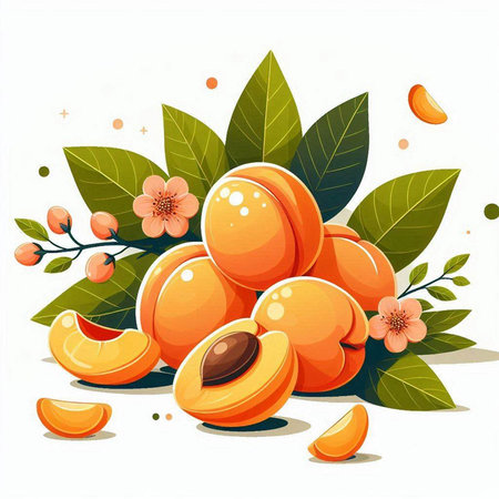 Apricots with leaves and flowers on a white background. Vector illustration.のイラスト素材
