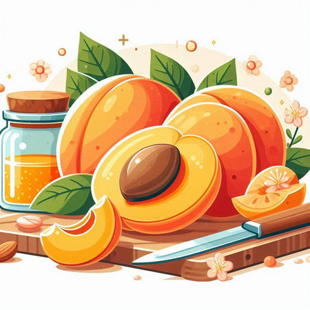 Apricot vector illustration. Fresh apricot fruit with leaves. Juicy apricot with slice and jar of jam.のイラスト素材