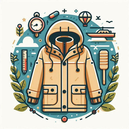 Vector illustration of a winter jacket with a hood, ice cream, and a wreath of leaves.のイラスト素材